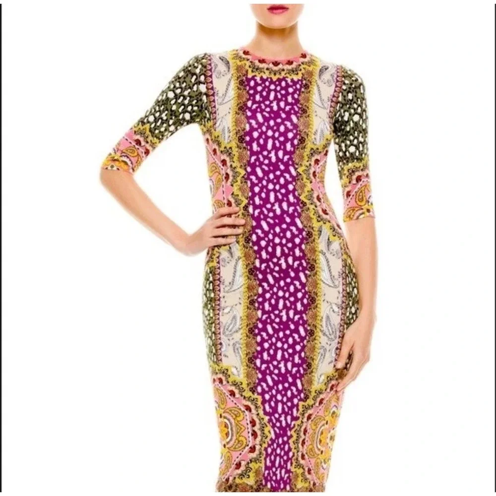 Women’s Fitted Multicolor Patterned Midi Dress - Pink/Purple